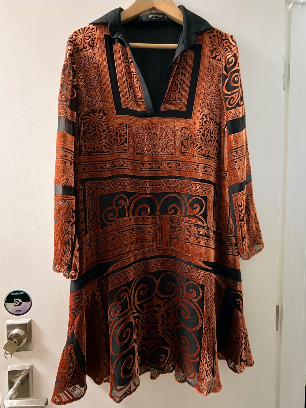 Etro light Black and Burnt Orange Printed Long-Sleeve Tunic Dress-